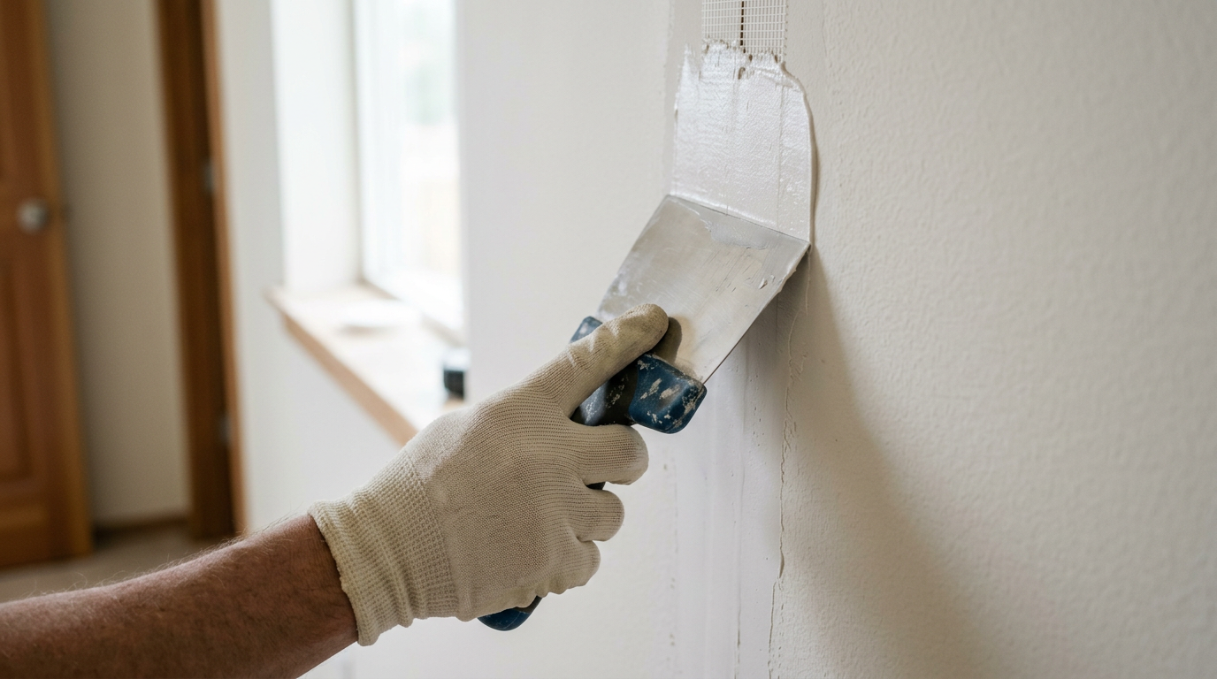 A professional applying joint compound to a wall for a drywall repair in Yarrow Point, WA.