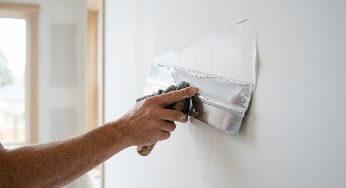 A close-up of a professional applying the final skim coat of joint compound for a drywall repair in Yarrow Point, WA.