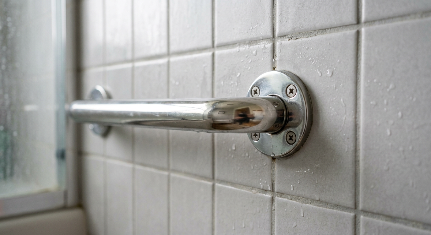 A close-up of a securely installed chrome grab bar in a remodeled shower, part of an aging in place upgrade in an Edmonds home.