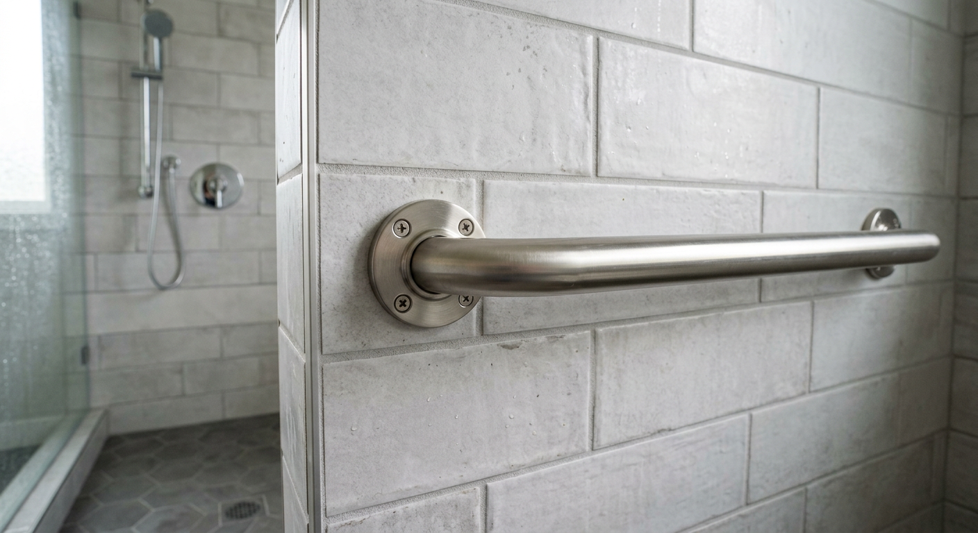 A secure, brushed nickel grab bar professionally installed on a tiled shower wall in an Edmonds, WA home for aging in place safety.
