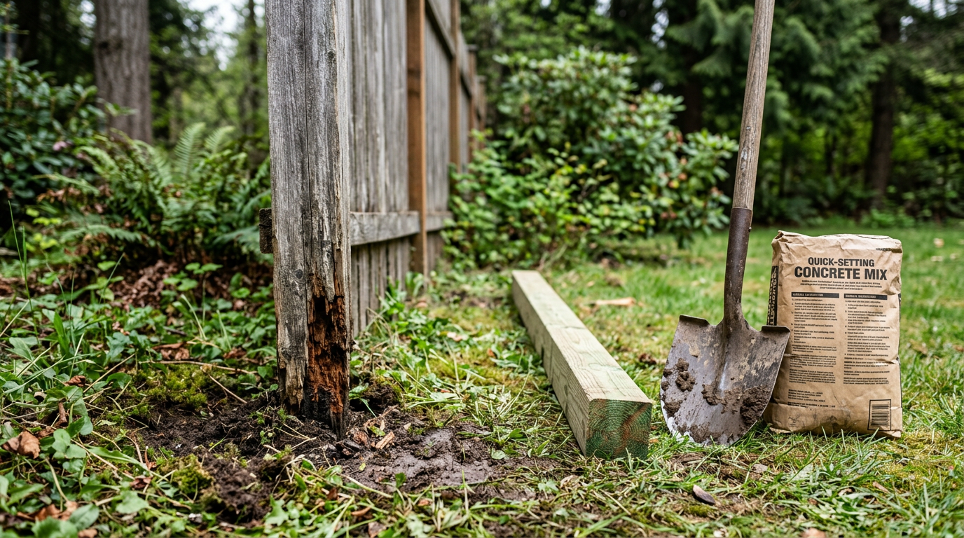 A rotted fence post at ground level in an Edmonds, WA backyard, ready for replacement.