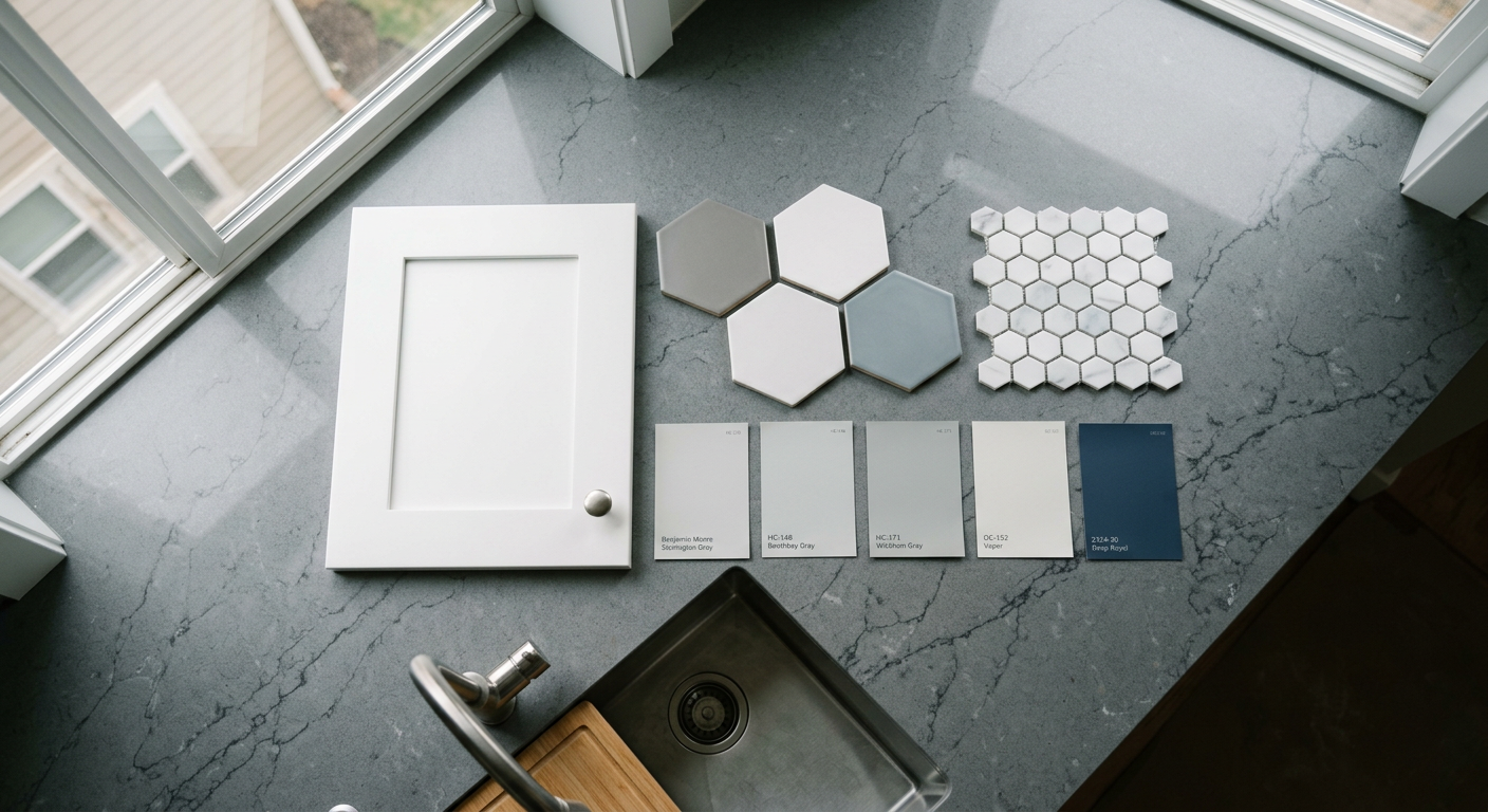 Kitchen remodel material samples, including a cabinet door and tile, on a new countertop in an Edmonds home.