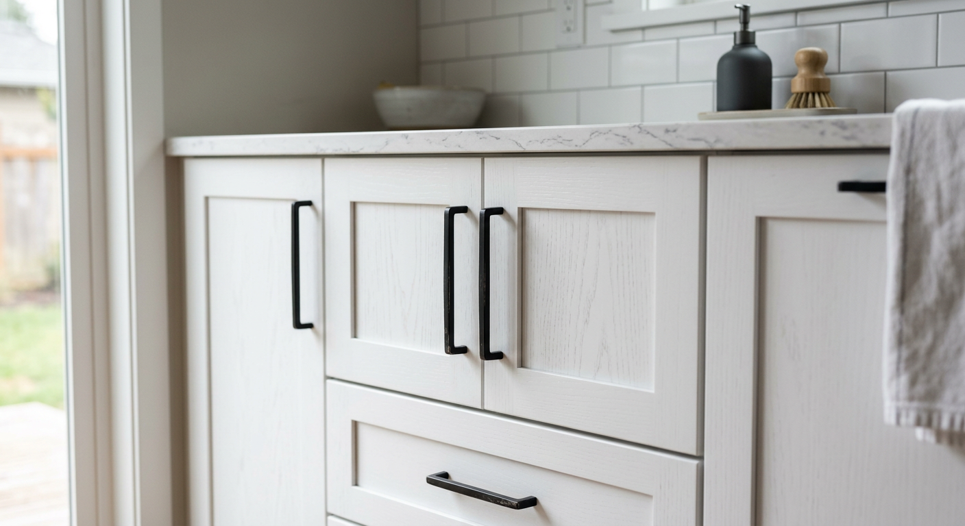 A close-up of new white shaker cabinets and quartz countertops in a newly remodeled Edmonds kitchen.