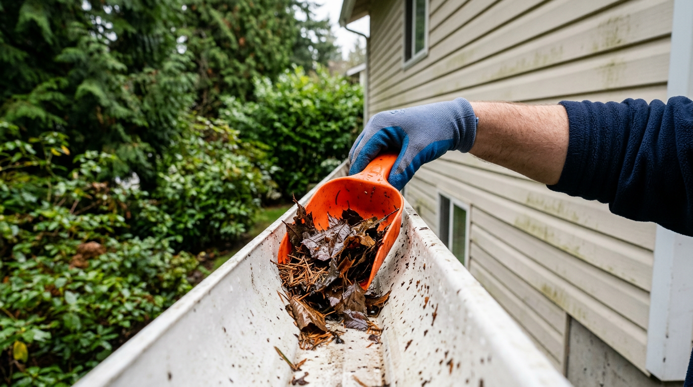 Clearing damp fir needles from a gutter as part of fall mold prevention for an Edmonds home.