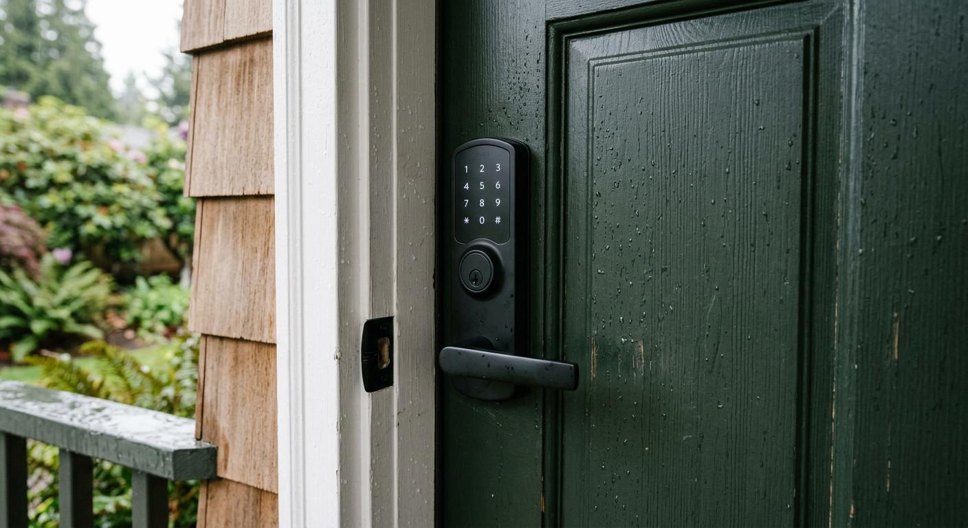 A newly installed smart lock on the front door of a home in Edmonds, WA.