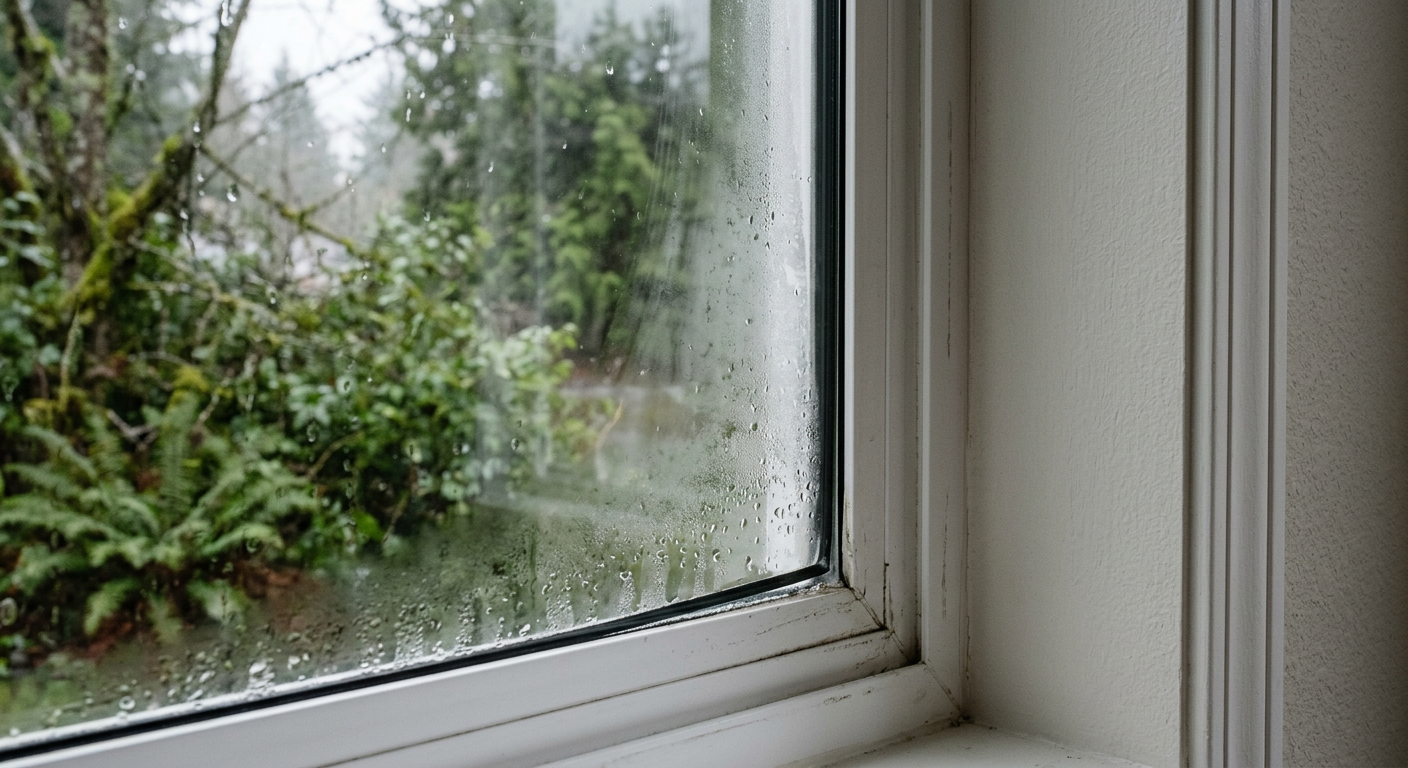 A double-pane window in an Edmonds home with a failed seal, showing condensation between the glass.