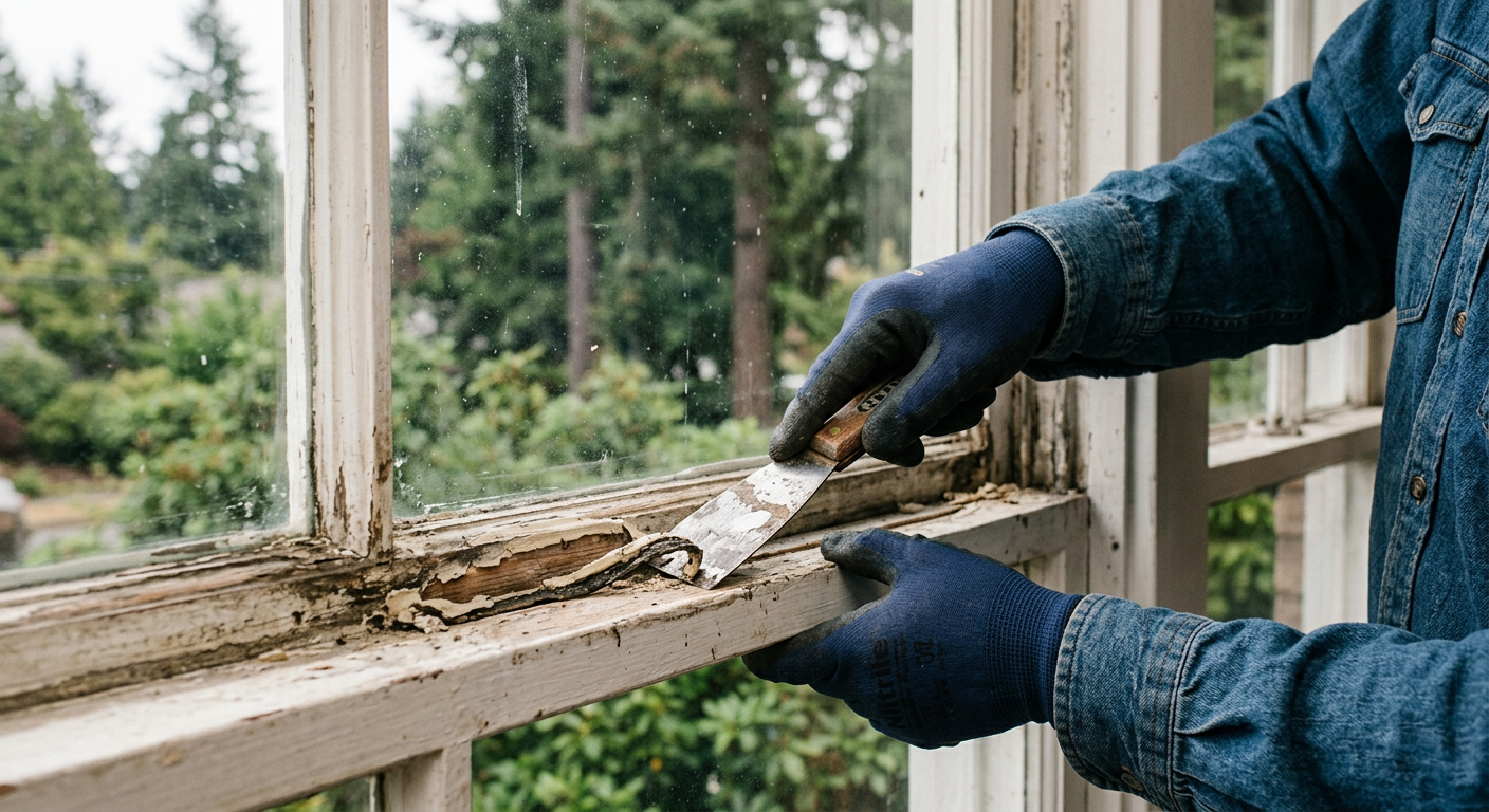 A House Spouse handyman performing a window repair on an older home in Edmonds, WA.