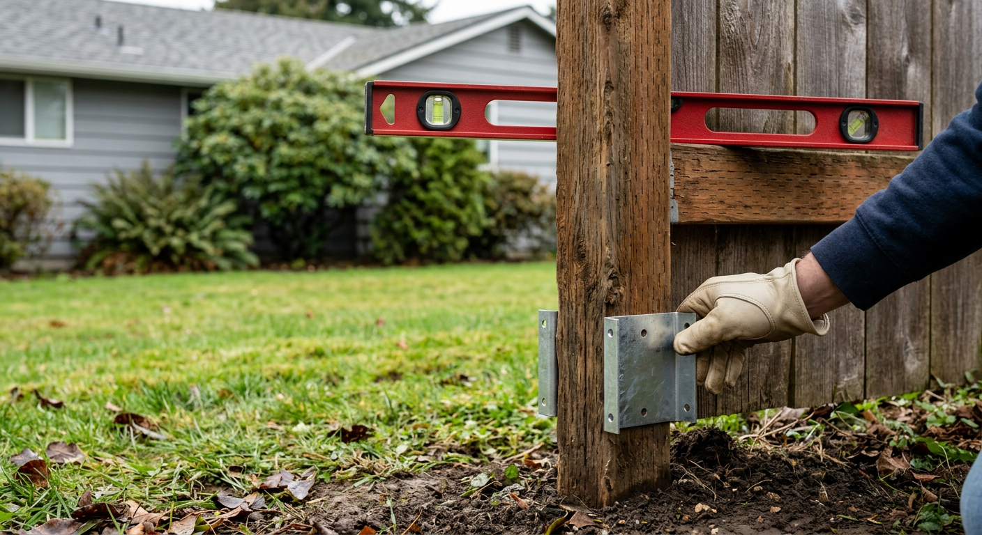 A handyman assessing a leaning wood fence for repair in Everett, Washington.
