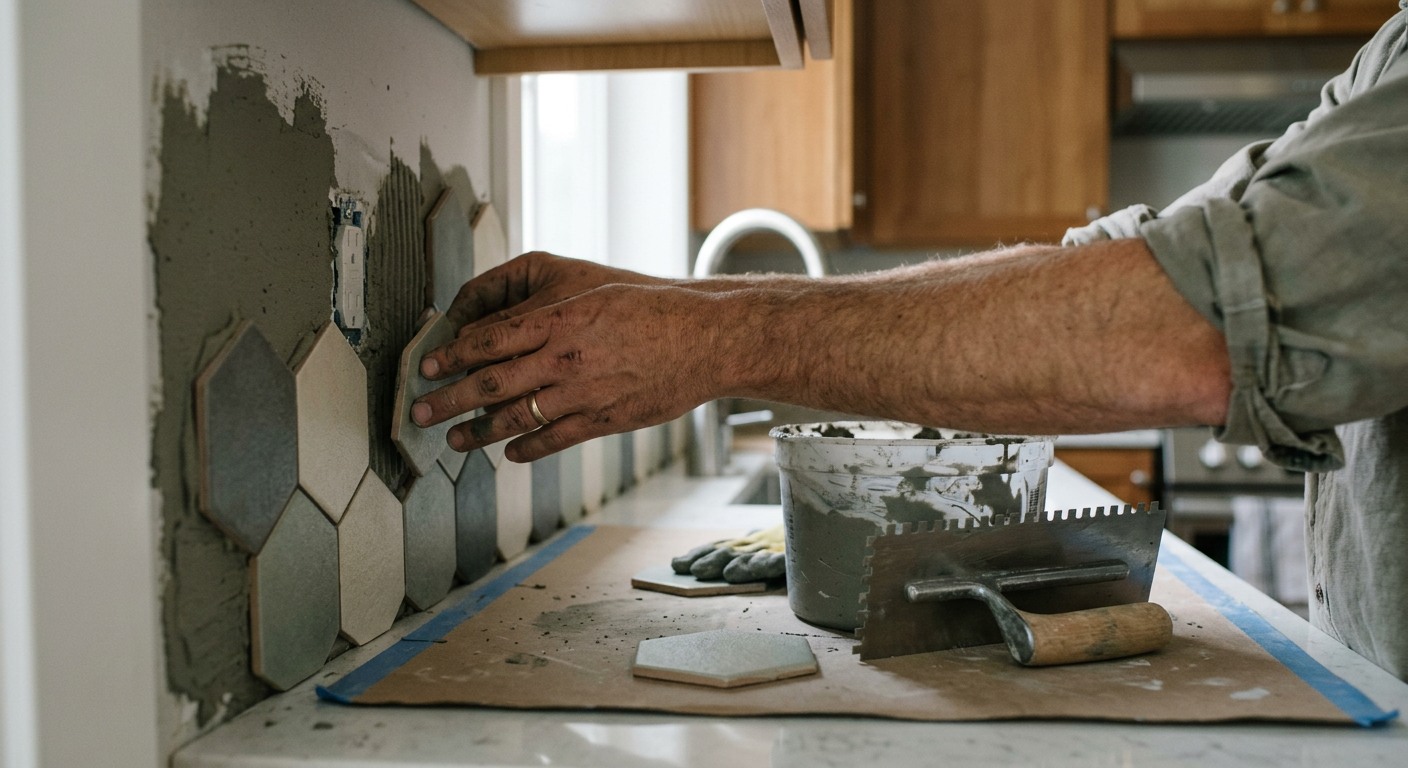 New tile backsplash being installed during a kitchen remodel in an Everett, WA home.