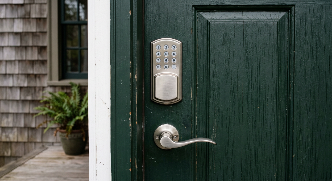 A close-up of a new smart lock installed on the front door of a home in Everett, WA.