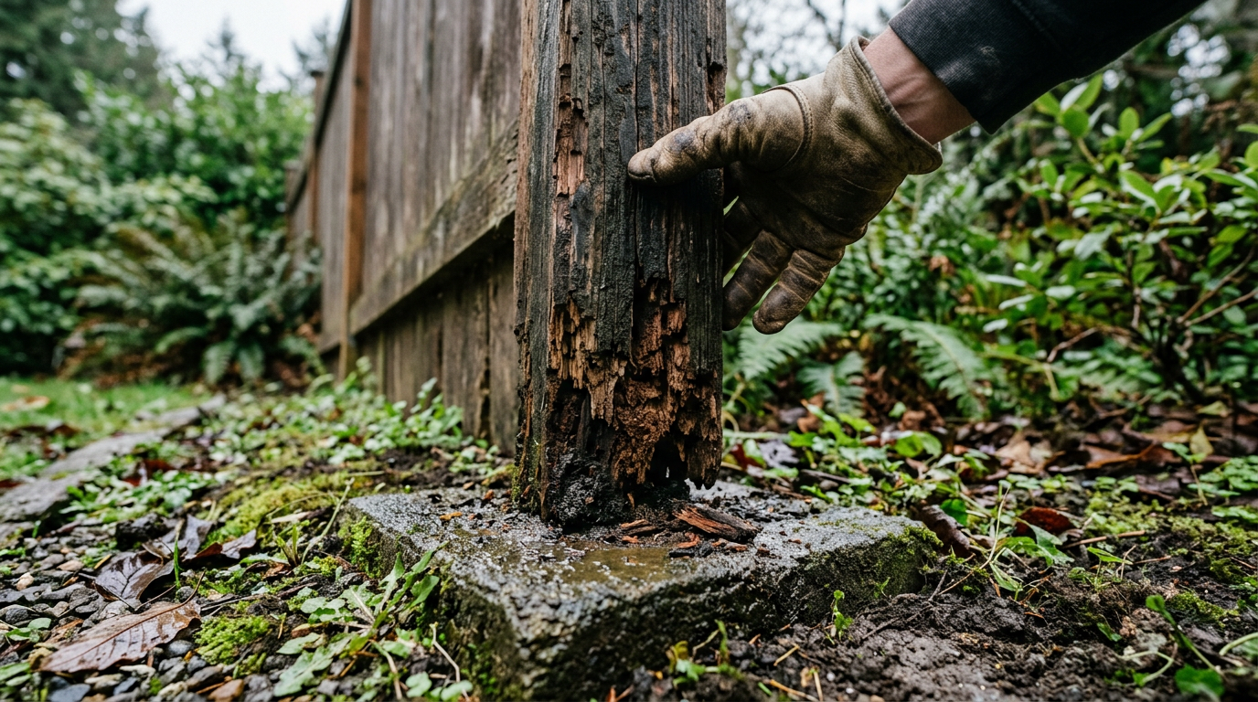 A rotten wood fence post at the base, a common issue requiring fence repairs in Everett, WA.