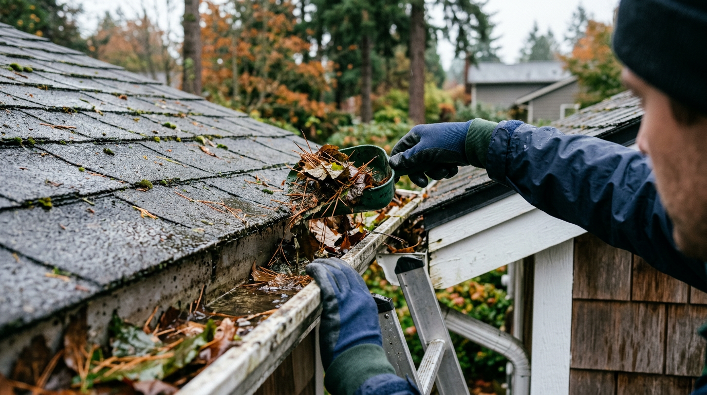 Gloved hands cleaning moss and leaves from the gutters of a home in Everett as part of a fall mold prevention checklist.