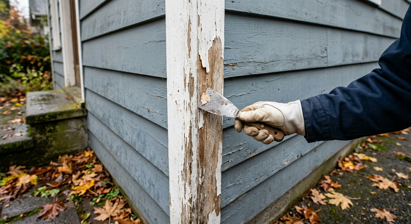 Close-up of exterior painting maintenance and siding preparation on a Ballard WA home