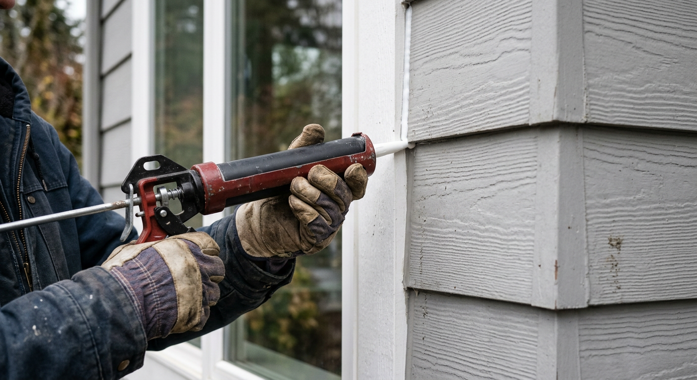 Applying a fresh bead of caulk to window trim during an exterior painting prep job on a home in Ballard.