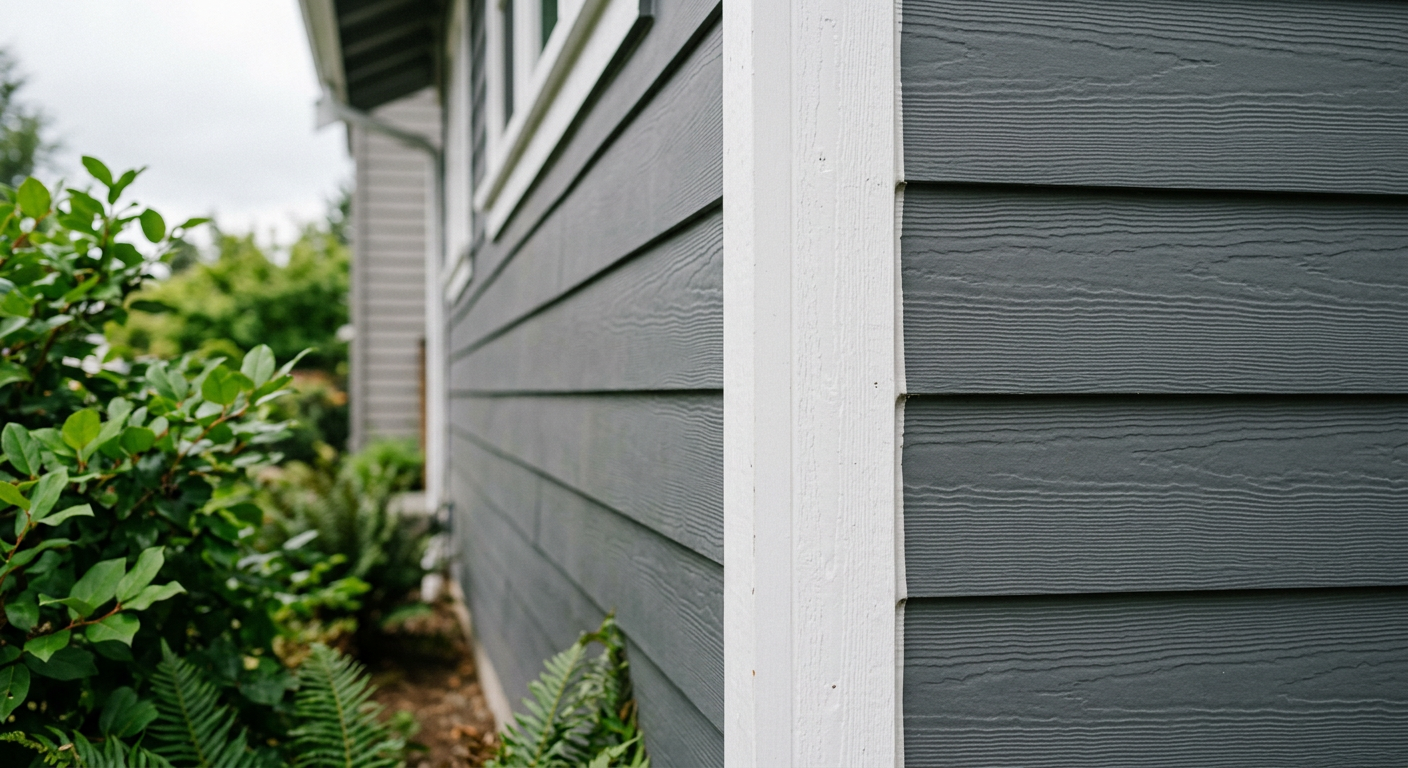 The freshly painted corner of a home in Ballard, WA, with new dark gray siding paint and crisp white trim, ready for the PNW rainy season.
