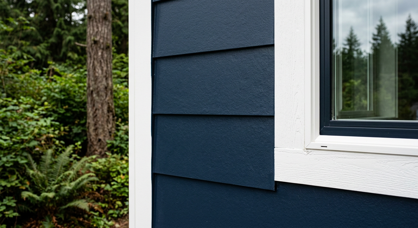 Freshly painted dark blue siding and white trim on a home in Brier, WA.