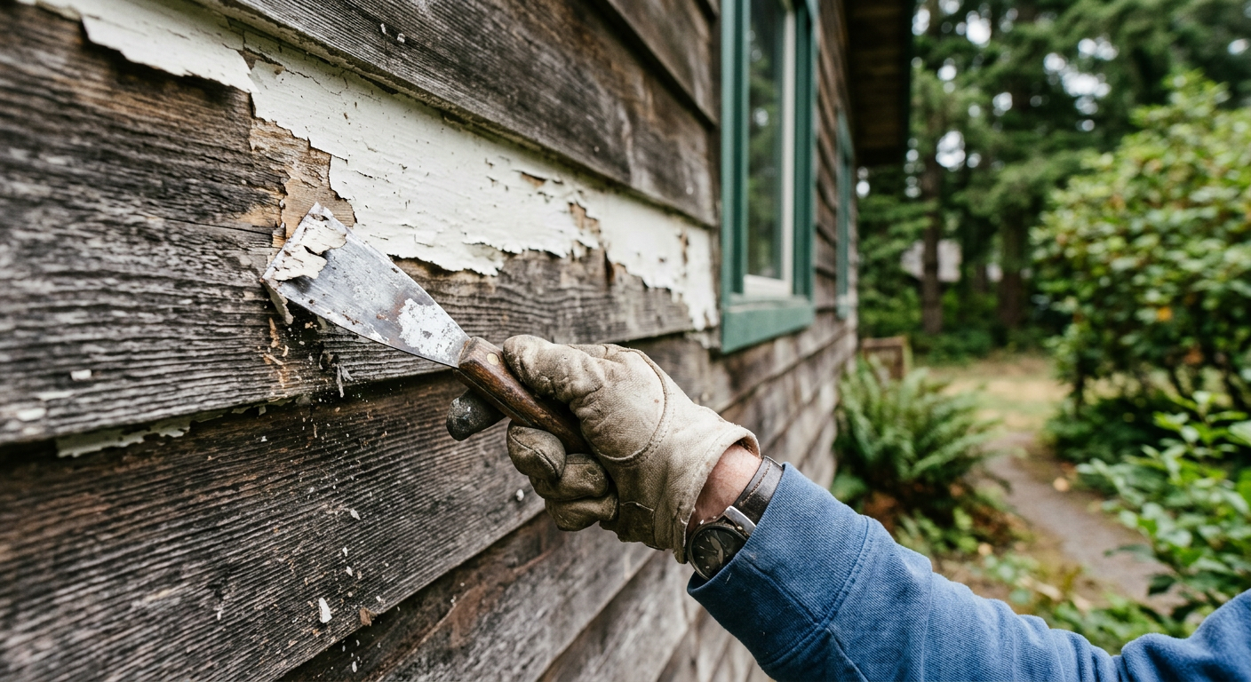 Close up of peeling exterior paint being scraped off cedar siding on a home in Brier, WA before painting.