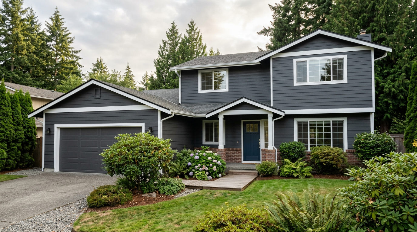 Freshly painted dark gray house siding with crisp white trim on a home in Brier, WA.