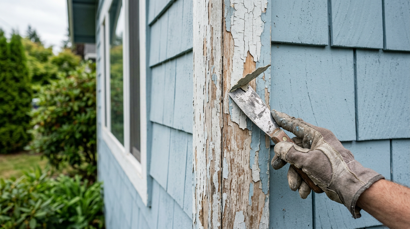 Close-up of peeling paint on a Brier home's exterior trim being assessed before painting.