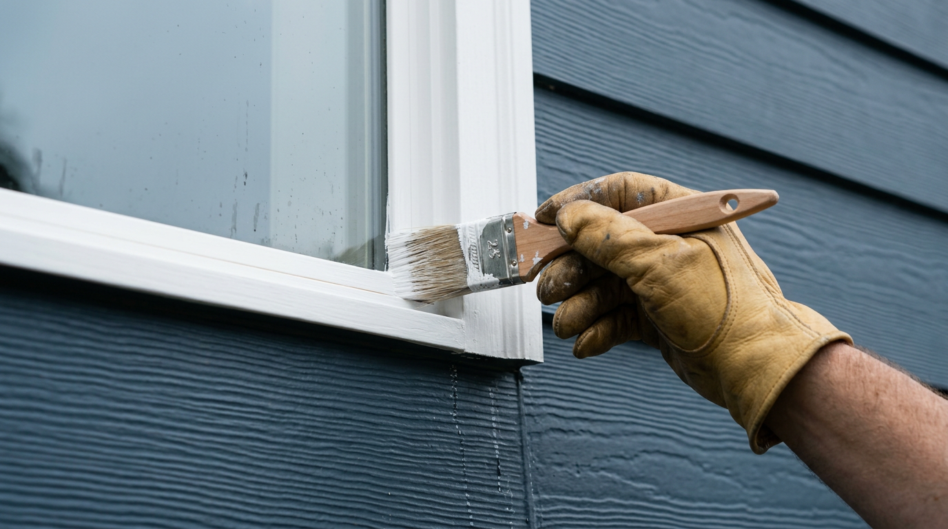 Applying a fresh coat of white paint to window trim on a blue house in Ballard, WA.