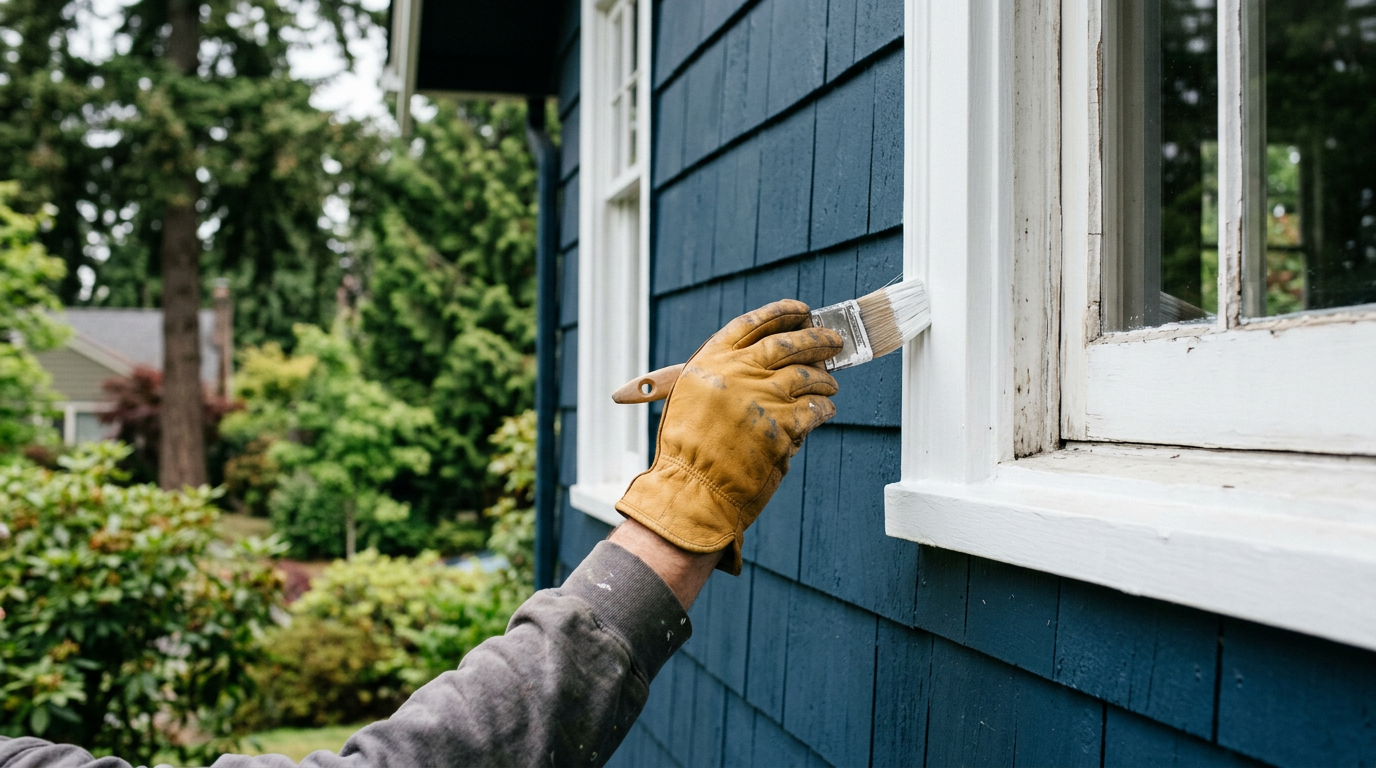 A professional painter carefully painting the white trim around a window on a home with blue siding in Kirkland, WA.