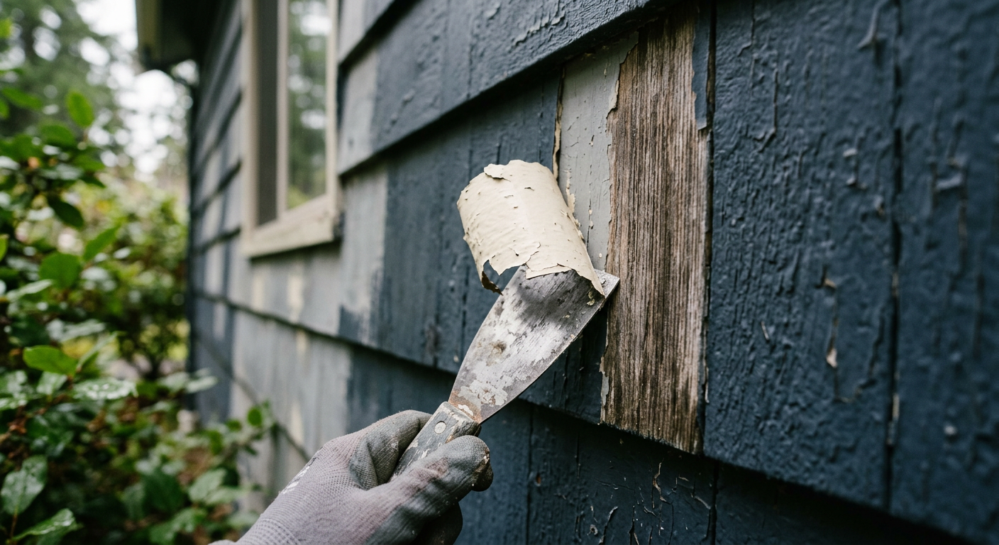 Close-up of peeling paint being scraped from the siding of a home in Ballard, WA, showing the need for exterior painting.