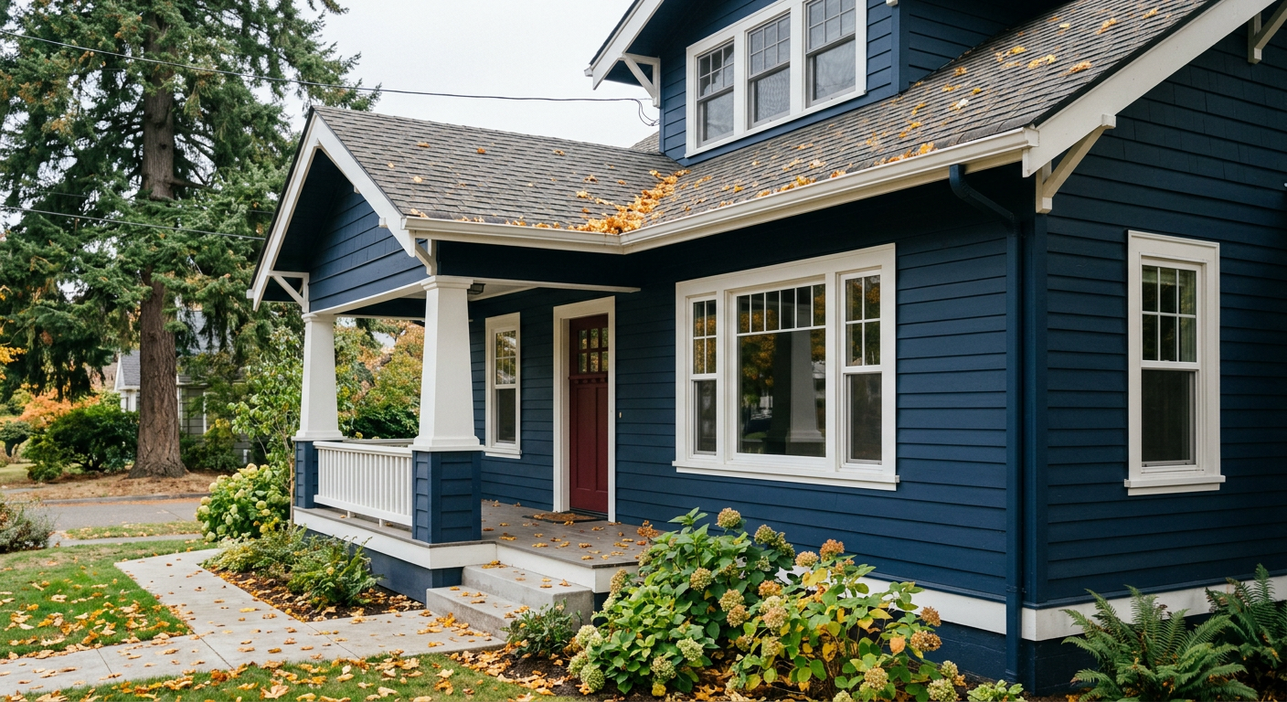The corner of a professionally painted craftsman home in Kirkland, WA, showing new dark blue siding and white trim.