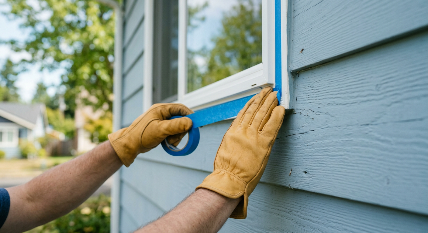 Applying painter's tape to a window frame before starting an exterior painting project on a home in Lake Stevens, WA.