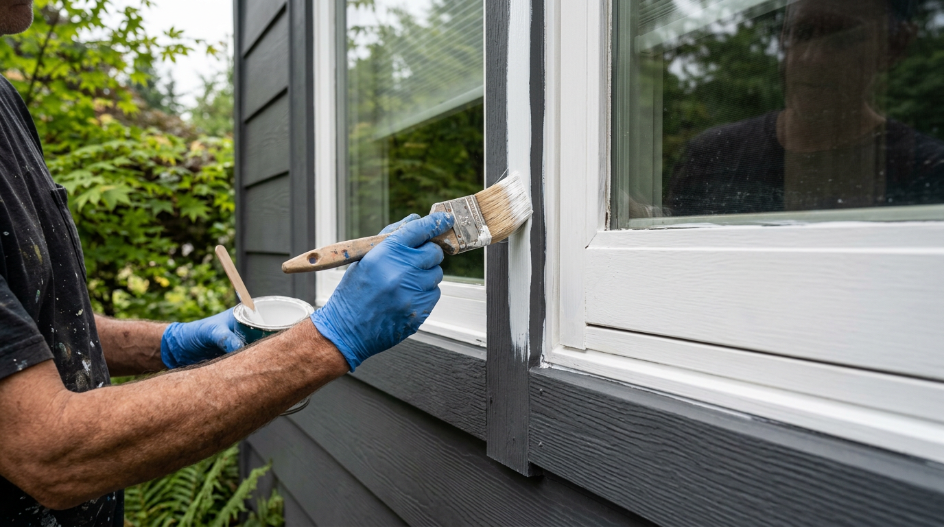 A professional painter carefully applying fresh white paint to the exterior trim of a home in Kirkland, WA.