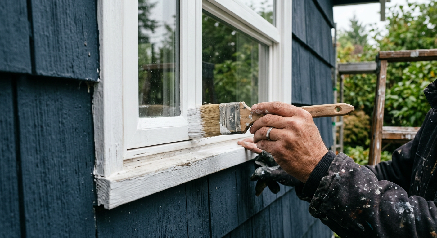 Applying a fresh coat of white paint to the window trim of a home during an exterior painting project in Kirkland, WA.
