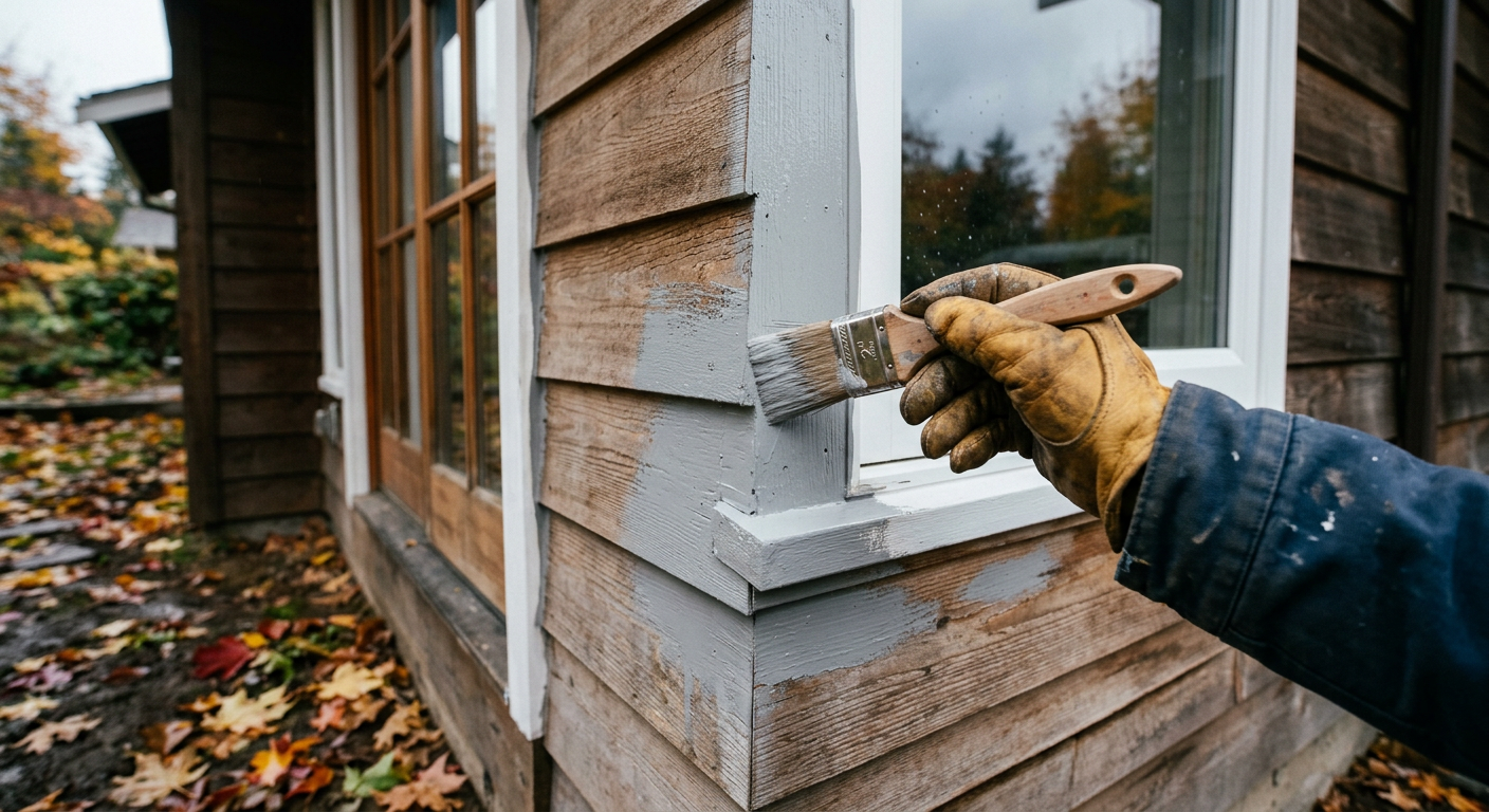 Close-up of exterior trim painting and siding prep on a Kirkland WA craftsman home in autumn