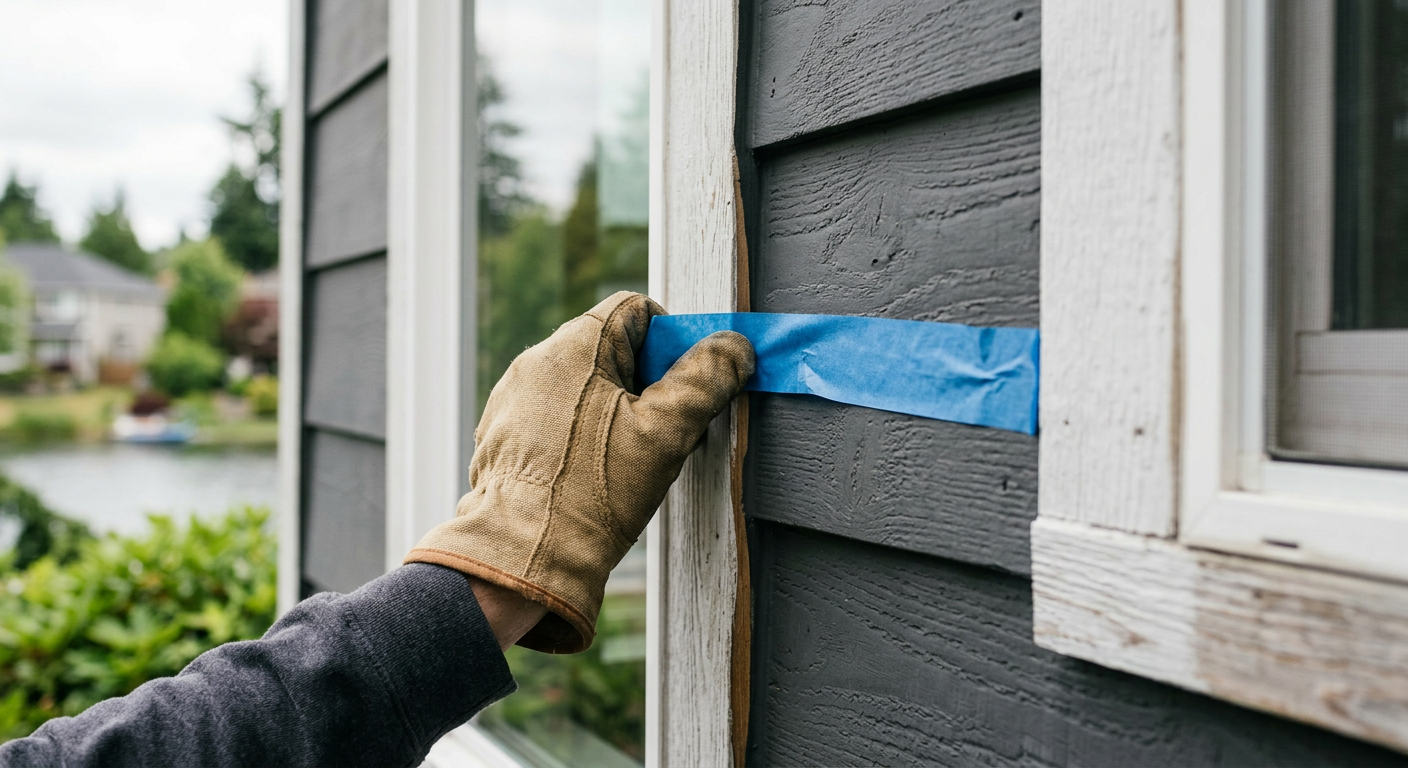 Applying painter's tape to house trim before beginning an exterior painting project in Lake Stevens, WA.