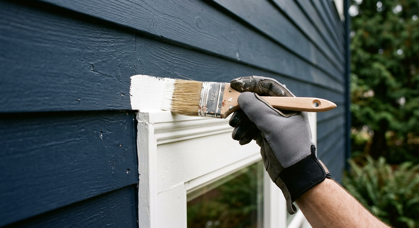 Applying a fresh coat of white paint to the exterior trim of a house in Lake Stevens, WA.