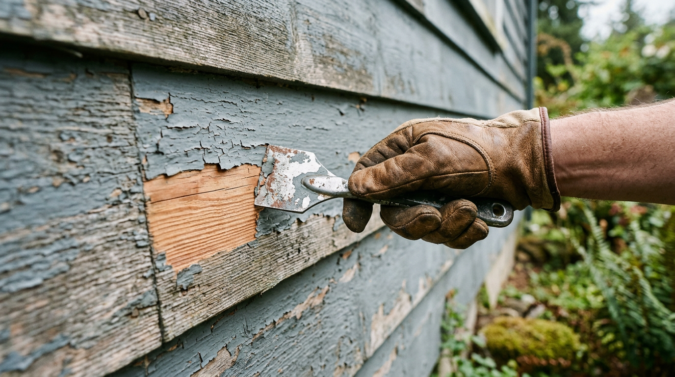 Careful preparation for exterior painting on a Lake Stevens, WA home, showing peeling paint being scraped from siding.