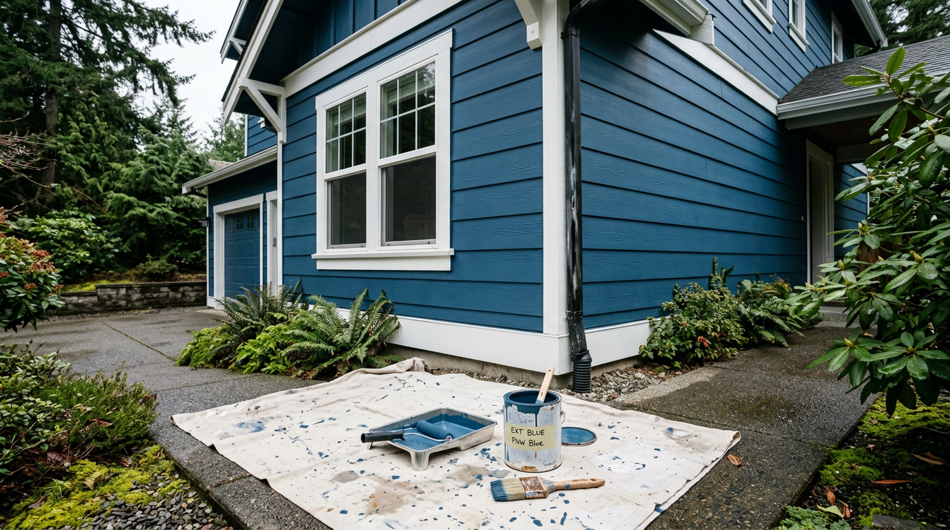 Clean siding and trim on a Mercer Island home prepped for an exterior paint touch-up.