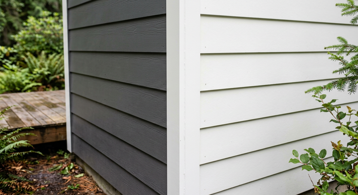 A freshly painted house corner showing new dark gray siding and white trim in Mukilteo.
