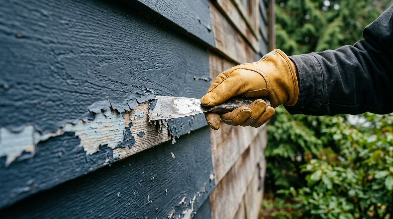 Close-up of a House Spouse technician prepping siding for exterior painting on a home in Mukilteo, WA.