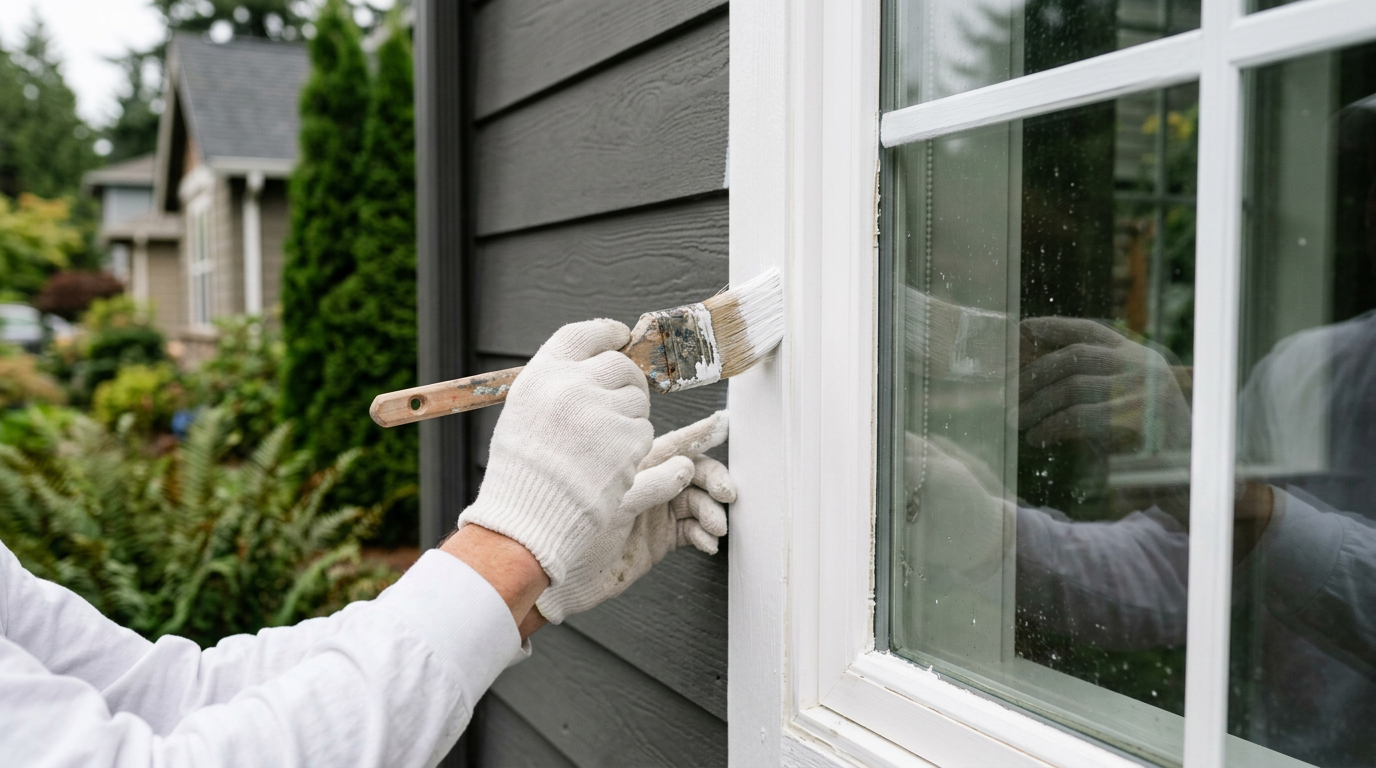 A professional painter carefully cutting in the exterior trim on a home in Northgate, WA.