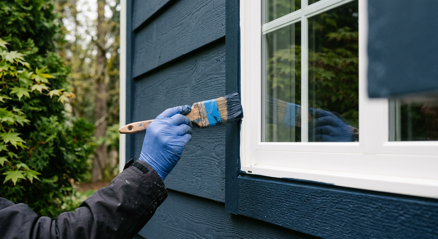 A professional painter applying a fresh coat of blue paint to the siding of a home in Northgate, WA.