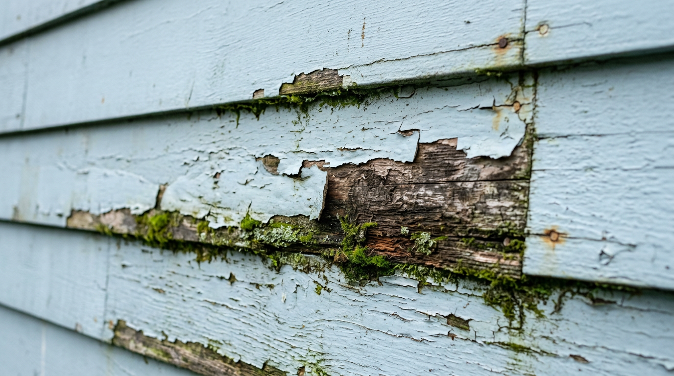Close-up of cracked and peeling blue exterior paint on the siding of a home in Brier, WA, showing signs it needs repainting.