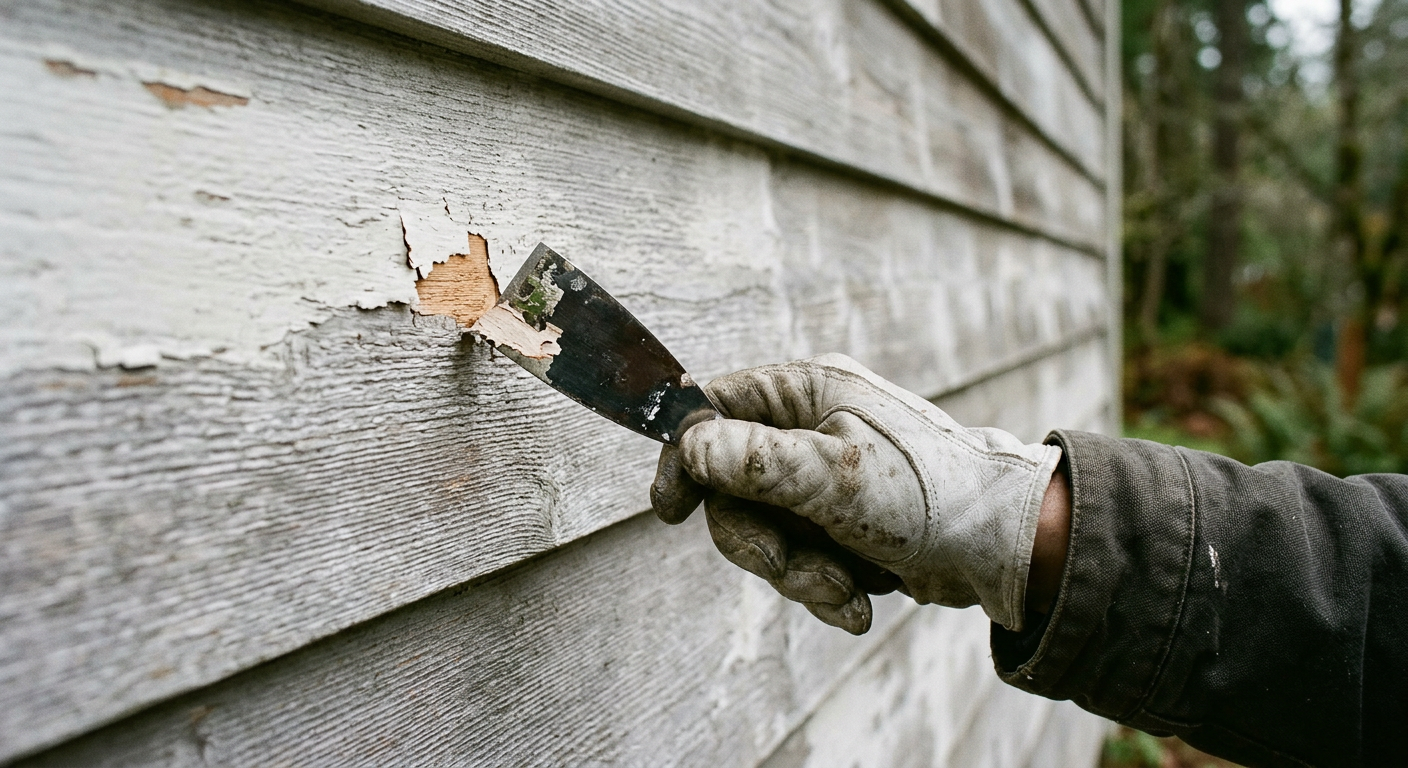 Close-up of peeling paint being scraped from wood siding on a home in Mukilteo, WA.