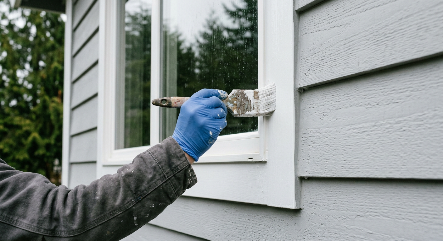 A close-up of a painter applying fresh white paint to the trim of a home during an exterior painting project in Northgate, WA.