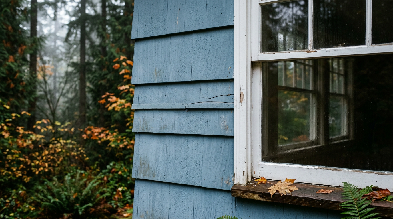 Faded blue siding on a West Seattle home showing signs of wear that indicate it needs exterior painting.