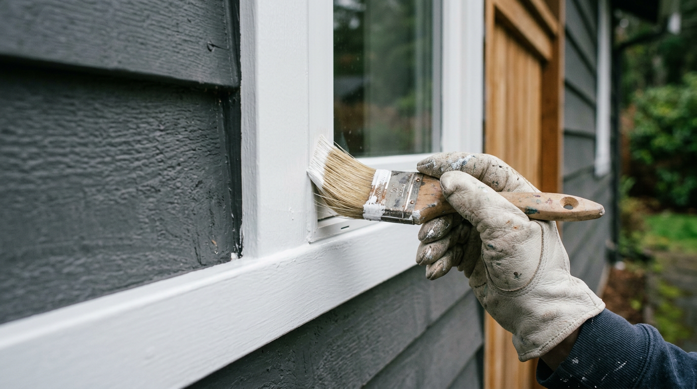 A close-up of a house painter carefully painting the trim on a home in West Seattle, WA.