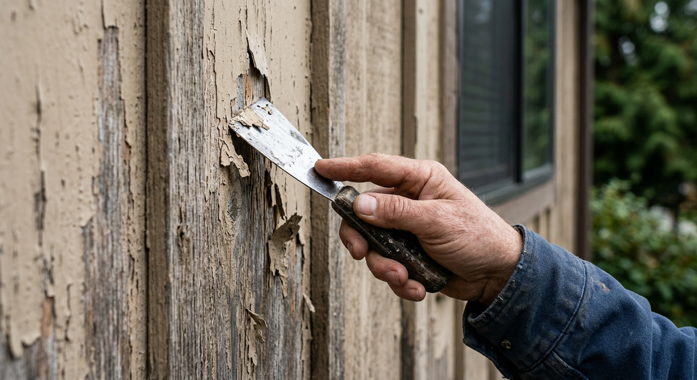 A House Spouse handyman scraping old, peeling paint off of wood siding in West Seattle before an exterior painting job.