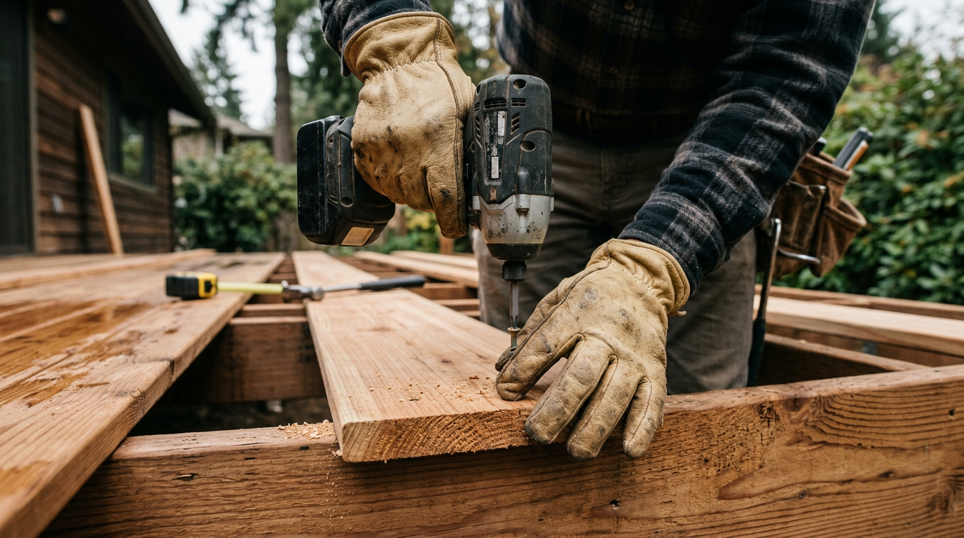 Handyman using an impact driver to install a new cedar deck board during a fall home repair in Lake Forest Park.