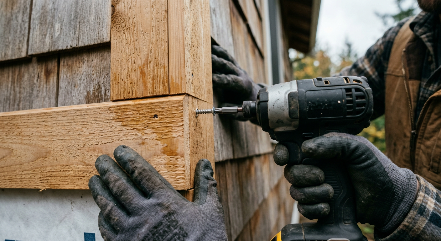 Close-up of exterior wood trim repair on a Marysville home during fall maintenance