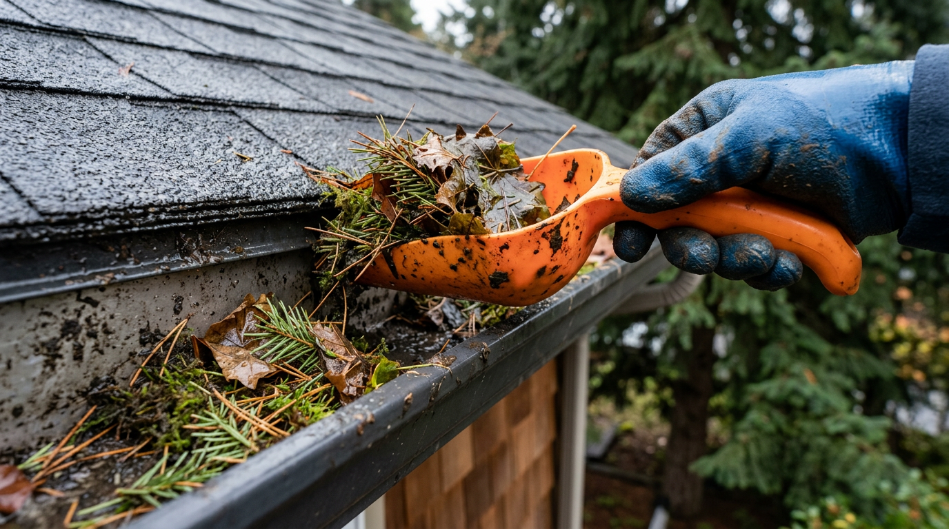A gloved hand uses a scoop to clean fall leaves from a gutter during a home health assessment in Seattle.