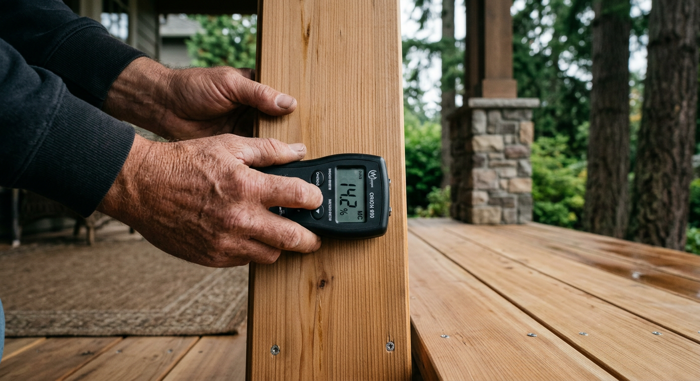 Craftsman checking cedar deck boards with a moisture meter during fall property maintenance in Yarrow Point WA