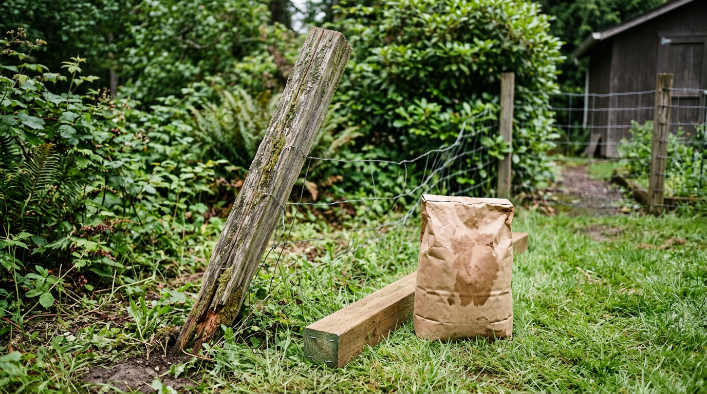 A leaning, rotted wood fence post in a Magnolia WA backyard with a new post ready for replacement.
